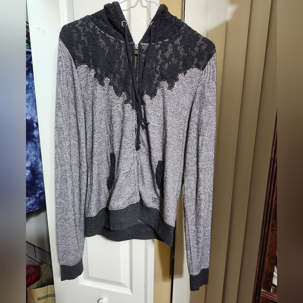 Miss Me Zip Up Sweatshirt Hoodie Loungewear Top Gray Embellished Size Large●